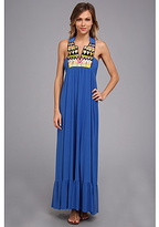 Thumbnail for your product : T-Bags 2073 Tbags Los Angeles Boho Ruffled Hem Long Dress w/ Multi-Colored EMB Neck Trim