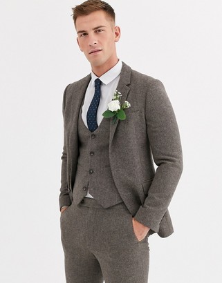ASOS DESIGN DESIGN wedding skinny suit jacket in wool mix herringbone in brown