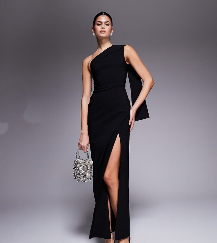 Vesper bengaline one shoulder drape detail side slit maxi dress in black
