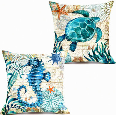BRBCA Coastal Ocean Life Pillow Covers - Set of 2 Decorative Throw Pillows with Turtle and Seahorse Design Linen Cushion Cases for Patio Couch Sofa Bed