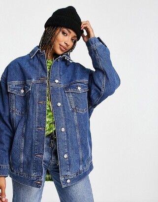 Topshop Dad denim jacket with check lining in mid blue - ShopStyle