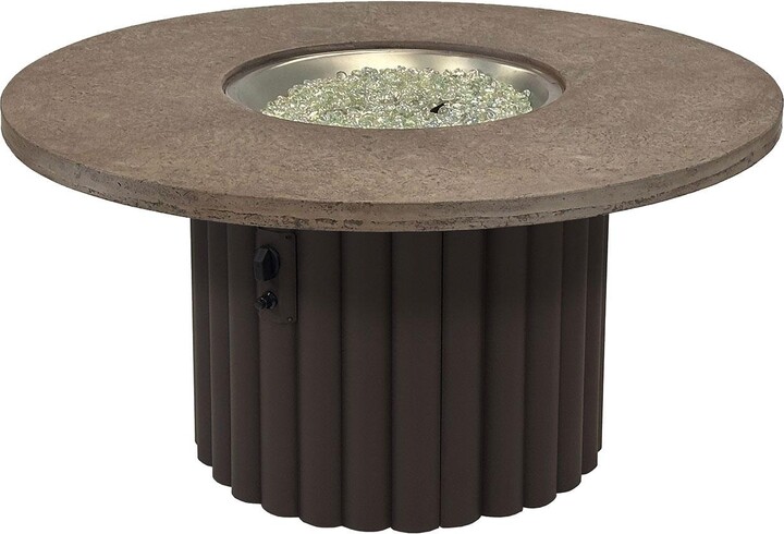 The Outdoor GreatRoom Company Reverie 48-in Round Aluminum Propane Fire Pit Table in Fossil Brown Supercast Table Top & Brown Base by