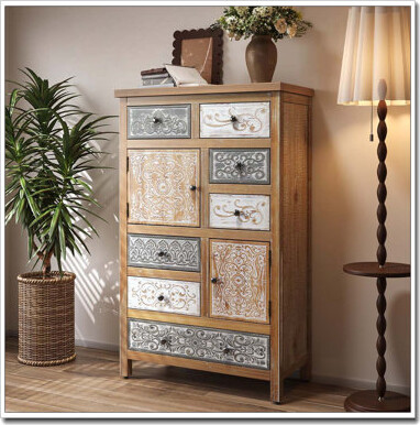 Latitude Run Accent Cabinet With 6 Drawers & 2 Doors, Rustic Multicolor Carved Storage Chest