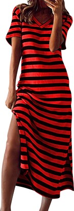 JOASDAO Womens Summer Stripe Maxi Dress Short Sleeve V Neck Casual Loose  Long Beach Split Dresses Cute Short Dresses (Yellow L) - ShopStyle