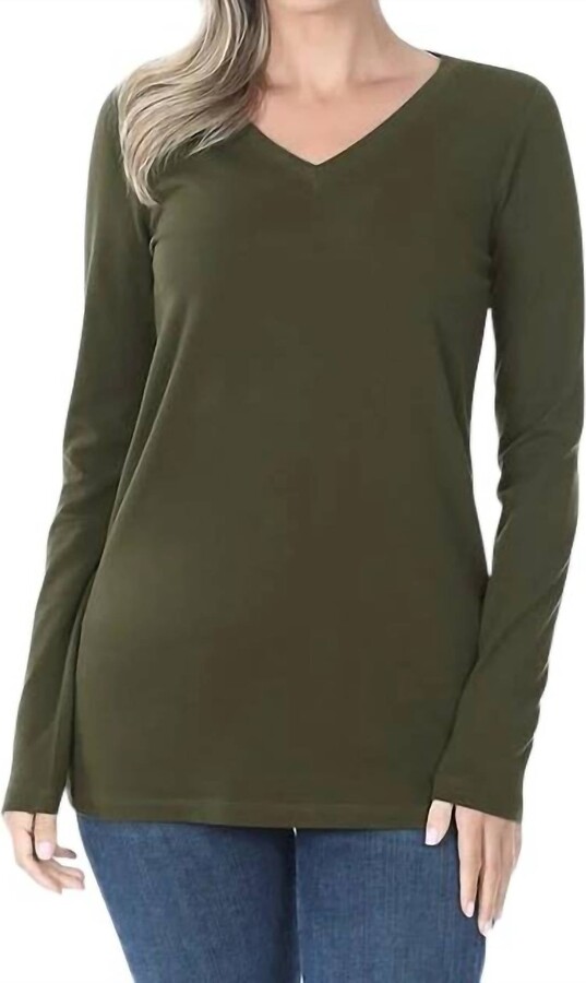 Zenana Cotton V-Neck Long Sleeve In Dark Olive
