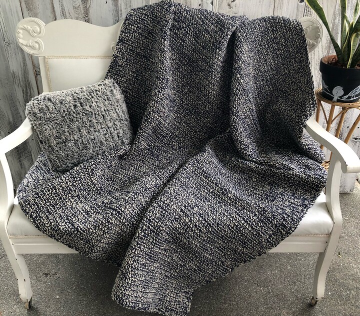 Handmade Crochet Afghan Blanket Navy & Cream, Bulky Yarn Throw
