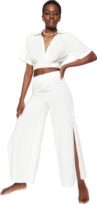 Linen Trousers Women Sexy Women Pant Split Mid Waist Wide Leg