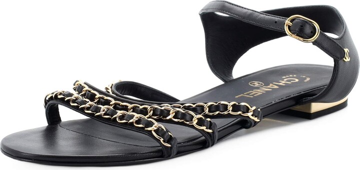 CHANEL, Shoes, Chanel Dad Sandals Nib Black Caviar Leather Gold Cc Logo  Chain Flats Mules Slide