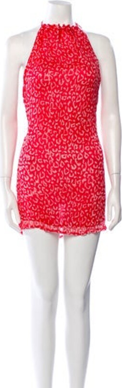 CLOE CASSANDRO Dress Red & White Printed Tassel Accents Halterneck Sash-Tie Closure at Back Size not listed, estimated from measurements.