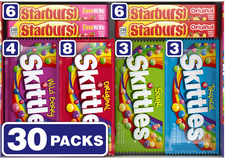 Mars Variety Starburst & Skittles Chewy Candy, Variety Box, Full Size, 30 pk.