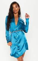 Thumbnail for your product : PrettyLittleThing Teal Satin Button Detail Shirt Dress
