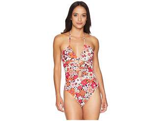 MICHAEL Michael Kors Cherry Summer Flower Shirred Keyhole Halter One-Piece w/ Removable Soft Cups