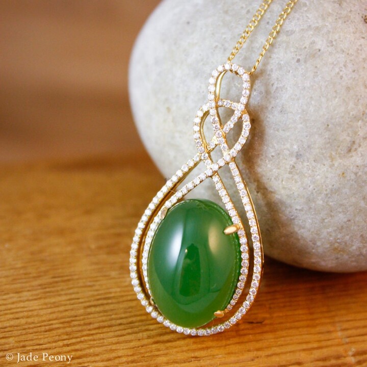 Etsy Lucky Green Jade Pendant, Pave Diamond, Solid 18Kt Yellow Gold, Twisted Pendant