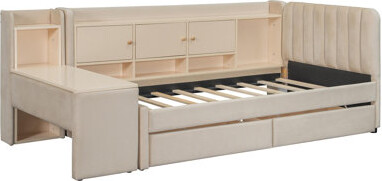 Twin Size Upholstered Daybed with Drawers, Shelves, Flip Cabinets & Side Table