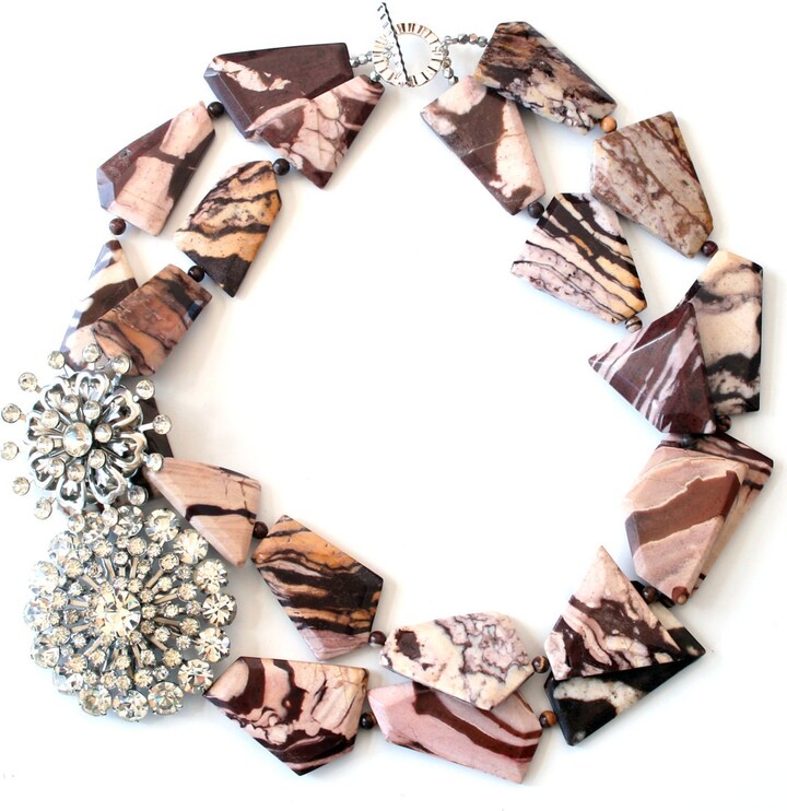 Etsy Vintage Rhinestone Brooch Necklace, Zebra Jasper Gemstone Statement Jewelry