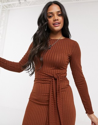 Stradivarius belted knit dress with split detail in brown