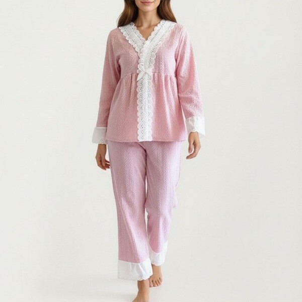 Anna-Kaci Lounge Anna-KaciWomen's2-PieceSetLongSleevePajamaTopwithLaceTrimandMatchingRelaxedFitPants-Pink