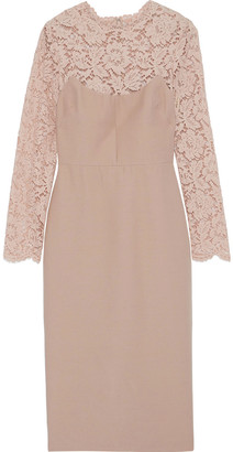 Valentino Two-tone Corded Lace-paneled Wool And Silk-blend Midi Dress