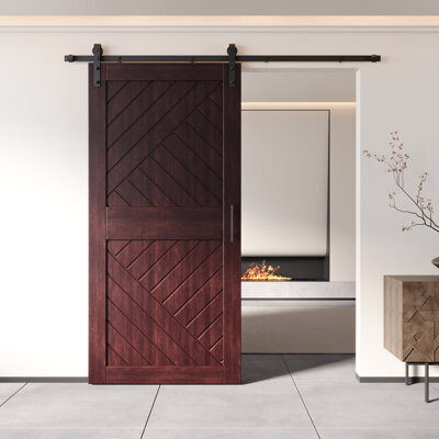 Homacer Red Mahogany 40in x 84in Unassembled & Finished Geometric Design Barn Door with Non-Bypass Installation Hardware Kit, 7ft track, interior use