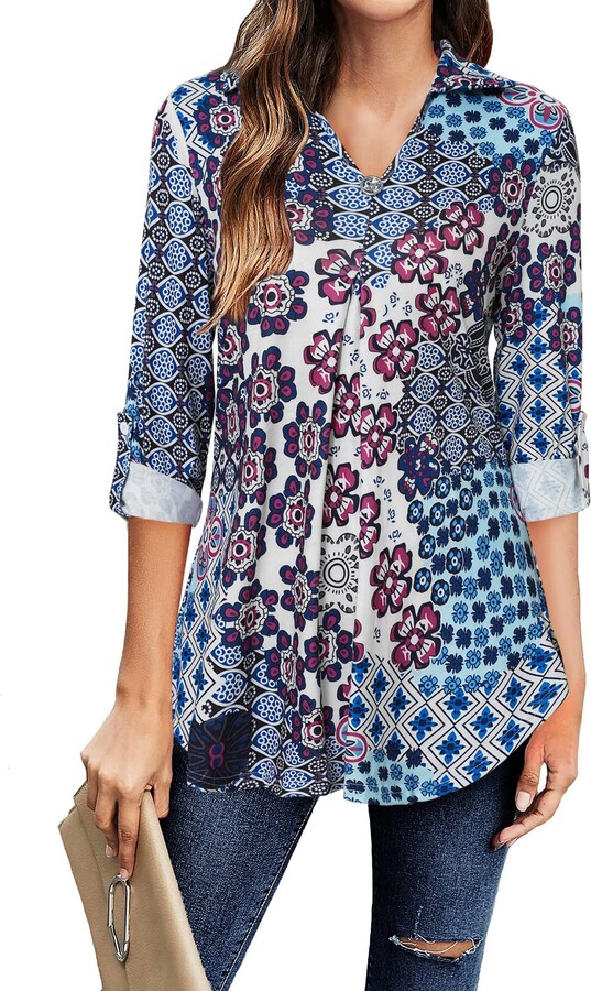 SOLERSUN Tunic Tops for Women UK 3/4 Long Sleeve Printed Tunics Notch V  Neck Dressy Shirts Casual Ladies Tops Longline Blouses Pink+Blue S -  ShopStyle