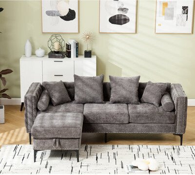George Oliver Sectional With Chenille Square Arm Modern  3 Seater Storage Couch Chenille Sectional