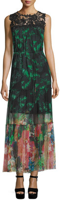 Elie Tahari Corinne Sleeveless Mixed-Print Maxi Dress, Green
