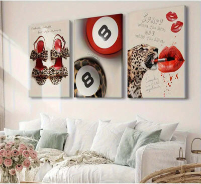 3 Wall Decoration Mural, Leopard Print And Red Lip Humor Lucky 8 Balls, Wrapped Canvas Painting Living Room, Bedroom, Conference Room, Wedding, Ramada