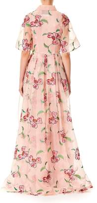 Carolina Herrera Floral-Embroidered Button-Front Short-Sleeve Evening Gown