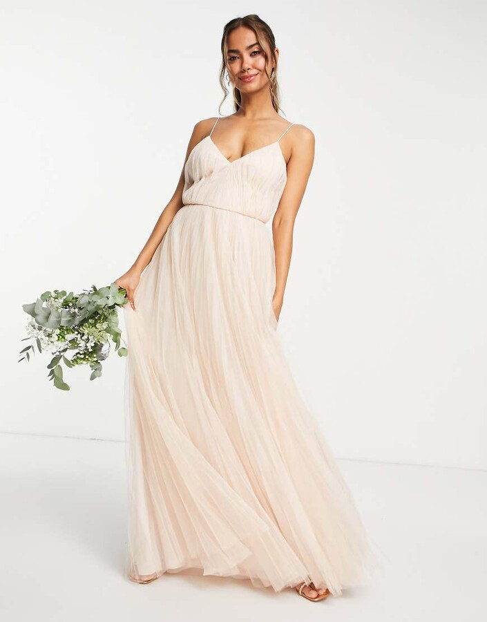 asos design tulle bow tie tiered maxi dress in champagne