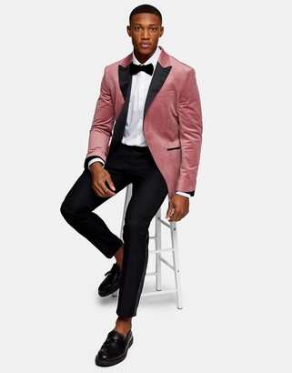 Topman skinny single breasted tuxedo jacket in pink velvet