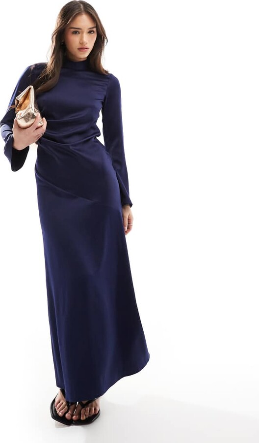 Closet London long sleeve satin drape maxi dress in navy