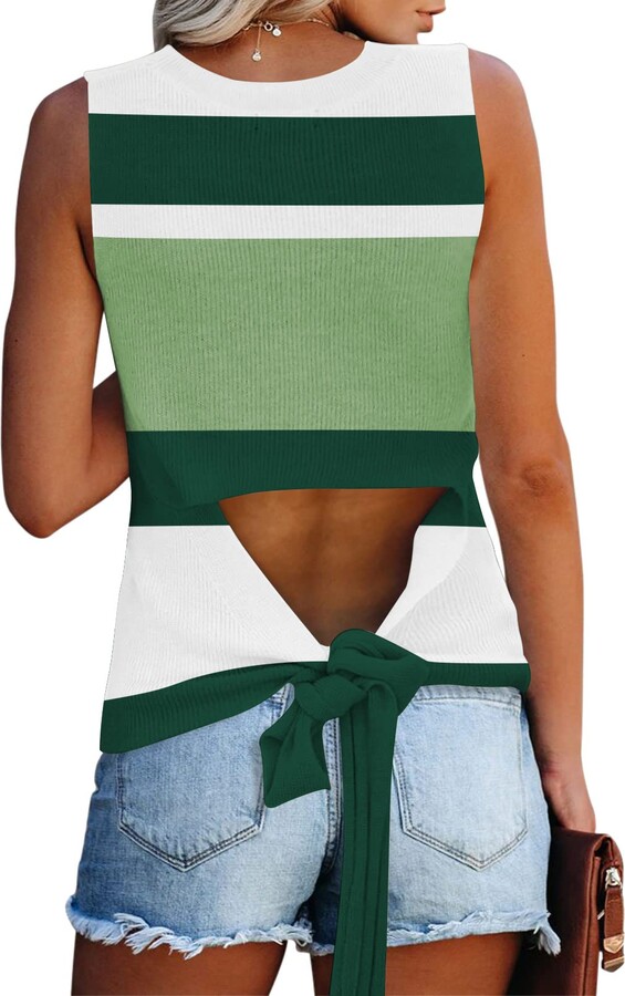 Cutiefox Womens Sleeveless Tie Knot Open Back Knit Tank Tops Sweater Vest  Colorblock Green S - ShopStyle