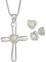 Thumbnail for your product : Macy's Cultured Freshwater Pearl Cross 18" Pendant Necklace and Heart Stud Earrings Set in Sterling Silver