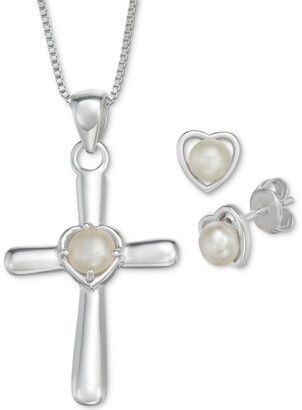 Macy's Cultured Freshwater Pearl Cross 18" Pendant Necklace and Heart Stud Earrings Set in Sterling Silver