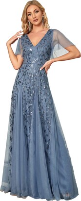Ever-Pretty Women's V Neck A Line Empire Waist Embroidery Sequin Tulle Wedding Guest Dresses Navy Blue 14UK