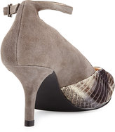 Thumbnail for your product : Neiman Marcus Ocean Suede and Snakeskin Ankle-Wrap Pump, Dark Gray