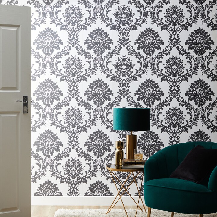 Dunelm Flock Damask Champagne Wallpaper Black/White ShopStyle
