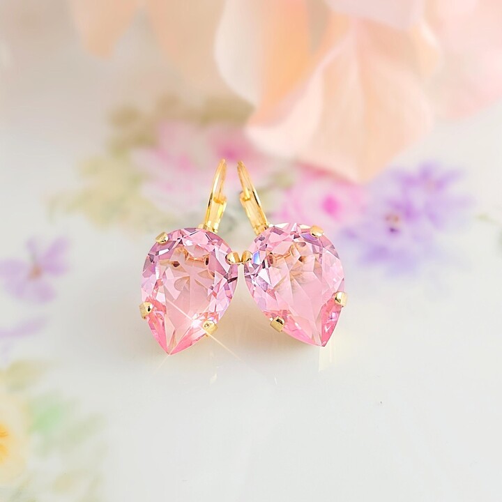 Etsy Pink Teardrop Earrings Gold Or Silver Magenta Crystal Earrings, Tear Drop October Birthstone Jewelry Pink Rhinestone Vintage Dangles E3063A