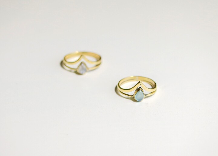 Double Band Elven Gemstone Ring | Fairycore Whimsical Jewelry Rainbow Moonstone Chalcedony Teardrop Healing Crystal Boho Minimalist