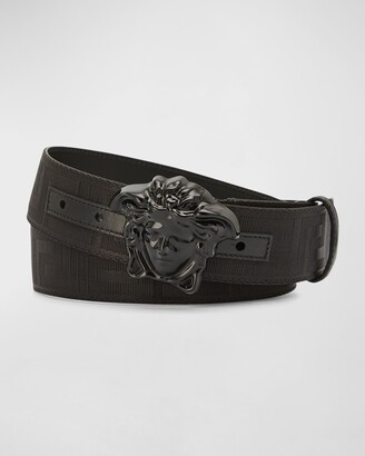 Versace Men's Tonal Medusa/Greek Key Web Belt, Black, Men's, 38in / 95cm