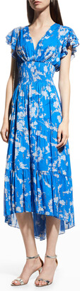 Shoshanna Neal Smocked Floral-Print Midi Dress