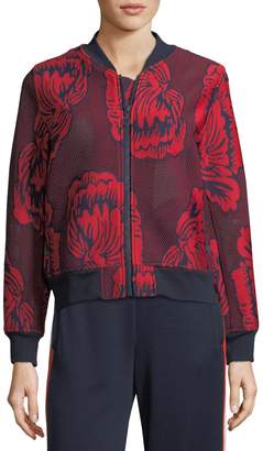 Tory Sport Soho Floral-Embroidered Mesh Bomber Jacket