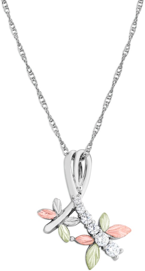 Black Hills Gold Cubic Zirconia Dragonfly Pendant 18" Necklace in Sterling Silver with 12K Rose and Green Gold