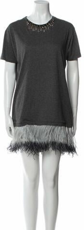 Lanvin Crew Neck Mini Dress Lanvin Shift Dress Grey Feather & Crystal Accents Short Sleeve with Crew Neck Designer