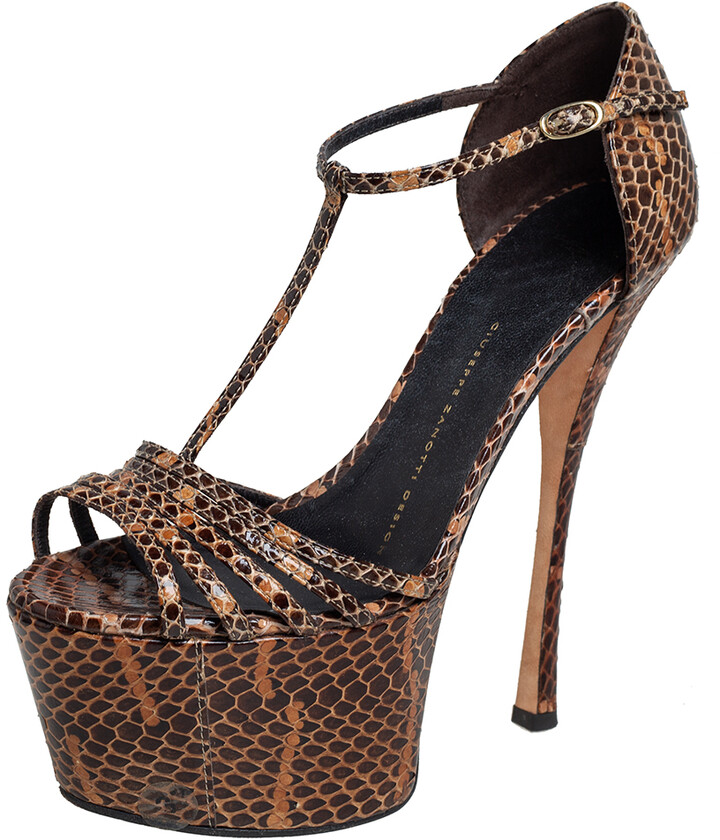 Giuseppe Zanotti Brown/Beige Python Leather T Strap Sasha Platform Sandals Size 37