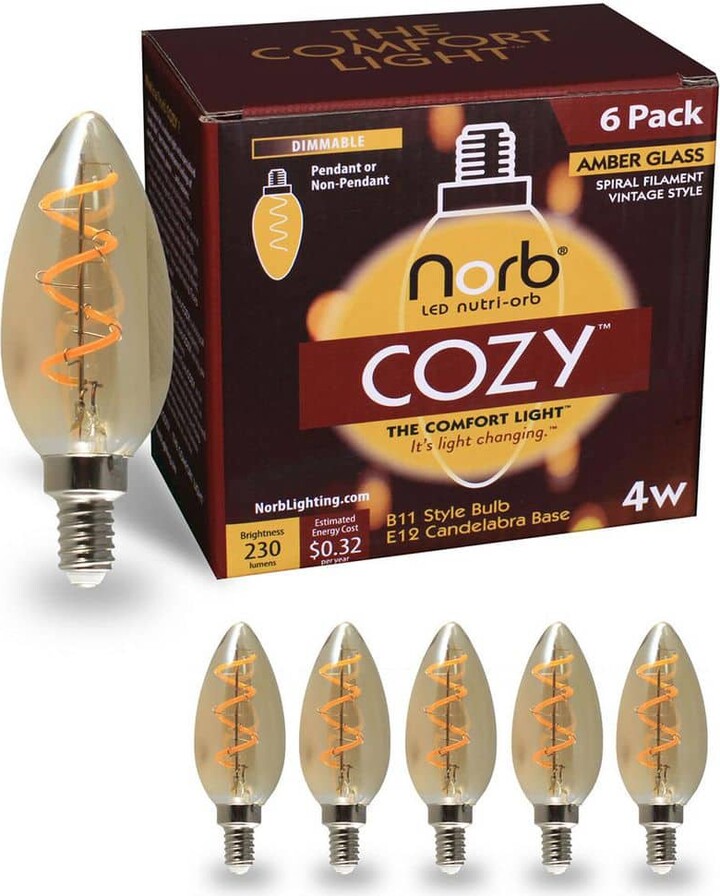 Elecwish NorbCOZY 4W Equivalent B11 Warm White (Less Than 2700K) Dimmable Warm Amber Spiral Edison LED Light Bulb (6-Pack)