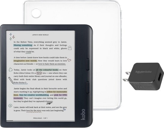 Kobo Libra Colour Black eReader with Clear Case & AC Bundle