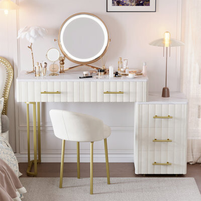 Mercer41 Velvet Upholstered Vanity Desk With Chair