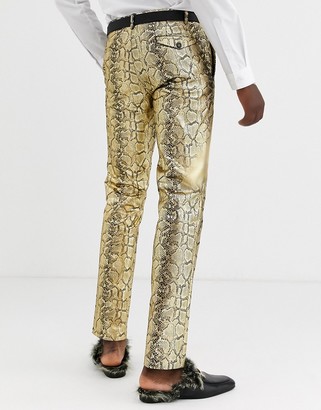 Twisted Tailor skinny suit trousers in gold snake print