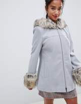 Thumbnail for your product : Miss Selfridge Petite petite fur trim swing coat in pale grey